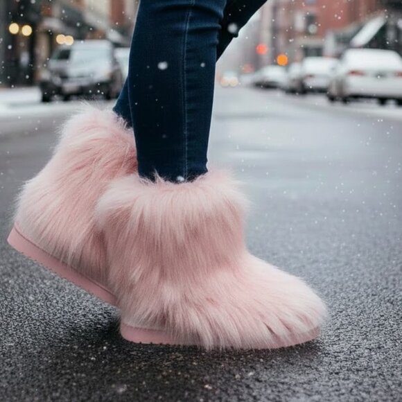 Bearpaw Sasha Pale Pink Faux Fur Real Sheepskin Wool Lined Furry Sherpa Boots 9 - Picture 1 of 7